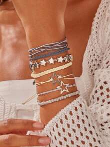 7pcs Handmade Bohemian Style Beaded Bracelet Set, Decorated With Star Pattern, Multi-Layer Stackable, Suitable For Festivals And Parties - Multicolor - View 2