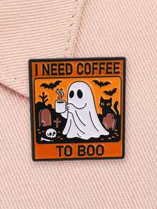 1pc Halloween Ghost Coffee Enamel Pin, "I Need Coffee To Boo" Funny Quote Badge, Cemetery Cat Bat Design, Gift For Friends - Multicolor - View 5