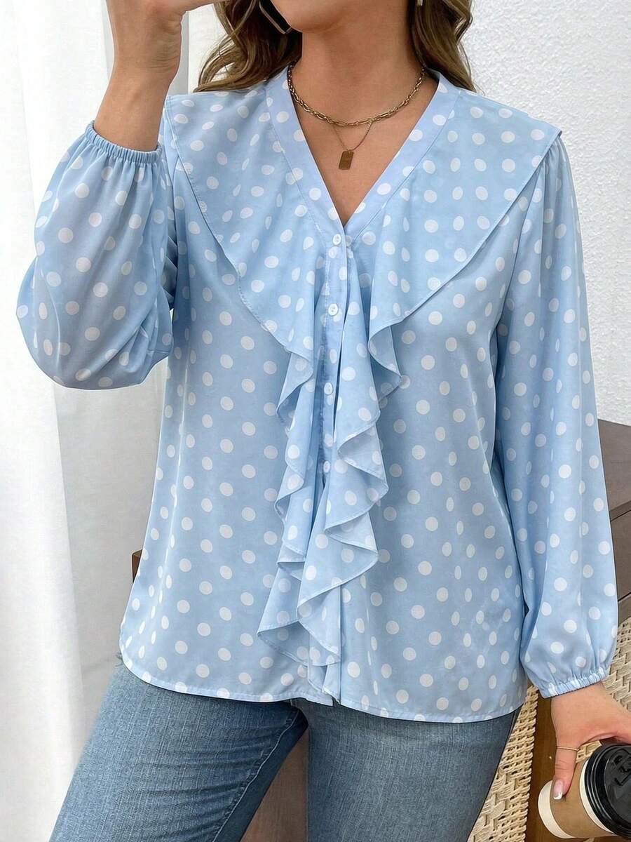 Women's Plus Size Casual Polka Dot Ruffle Blouse, Romantic Elegant Vacation Top - Baby Blue - View 1