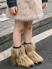 1 Pair Kids Gradient Striped Long Fur Plush Ankle Boots, Loose Cuff Style, Playful Outfit, Suitable For Holiday Atmosphere, Perfect For Winter Outings - Brown - View 4