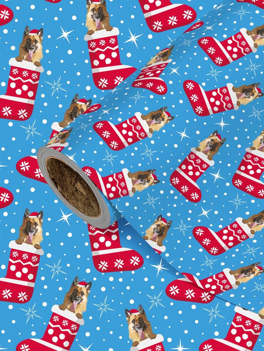1 Roll Of Christmas Gift Wrapping Paper Featuring Christmas Dog And Stocking Patterns;Perfect For Christmas Gift Wrapping,Holiday Party Decor,Home Festive Decoration,DIY Craft,Festive Favour Wrapping Dimensions: 43 Cm X 300 Cm. - A - View 1
