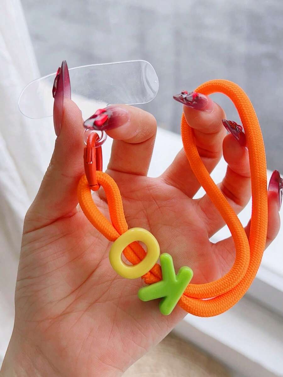 Color Contrast Striped Woven Short Phone Wrist Lanyard With Clear Connect Patch, 3D Colorful Letter Charm Detachable Anti-Lost Hand Strap Bag Key Accessory (Phone Case Not Included) - Multicolor - View 1