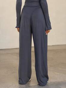 Women's Knitted Straight Leg Pants, Medium Stretch, With Faux Drawstring, Fashion Long Pants - Dark Wash - View 3