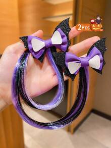 2Pcs Girls Halloween Spider Web Bow Hair Extensions, Orange Purple Black Gradient Glitter Long Ribbon Duck Clip, Halloween Holiday Costume Hair Accessories, Convenient And Practical Hair Extensions, Suitable For Halloween Gifts And Party Use - Multicolor - View 6