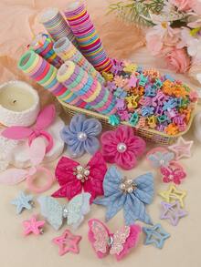 863pcs Shiny Plush Girls Hair Accessories Set, Including Sequin Butterfly Plush Hair Clips, Starfish/Bow/Flower Hair Clips, Star Snap Clips, Mini Claw Clips, Rabbit/Butterfly Hair Ties, Bamboo Joint Towel Ring Ruffled Elastic Hair Bands And TPU Rubber Bands, Suitable For Daily, Party, Travel Use - Multicolor - View 7