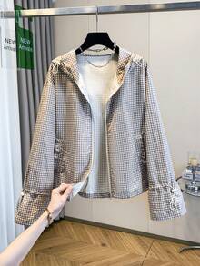 Petite Plaid Drawstring Hooded Jacket For Women, Autumn Design Style, Dropped Shoulder Lantern Sleeve, Lightweight Loose Versatile Jacket For Spring And Autumn - Plaid - View 6