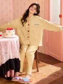 2pcs/Set Women's Pajamas Homewear, Cardigan V-Neck Fruit Letter Print With Pockets Long Sleeve Long Pants, All Season - Yellow - View 8