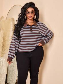 BIUBIU Women's Plus Size Striped Knit Polo Shirt, Long Sleeve Brown Fitted Top With Regular Hem Perfect For Casual Fall & Winter - Brown - View 5