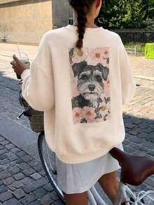 Sweatshirt Wanita Minimalis Terbaru Musim Dingin dengan Motif Anak Anjing, Kerah Bulat Kasual, Modis dan Serbaguna - Aprikot - View 3
