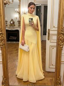 Elegant Solid Color Ruffle Trim Long Sleeve Flowy Dress, Formal Evening Gown For Wedding, Party, Holiday Spring Yellow, Chic & Elegant - Yellow - View 2