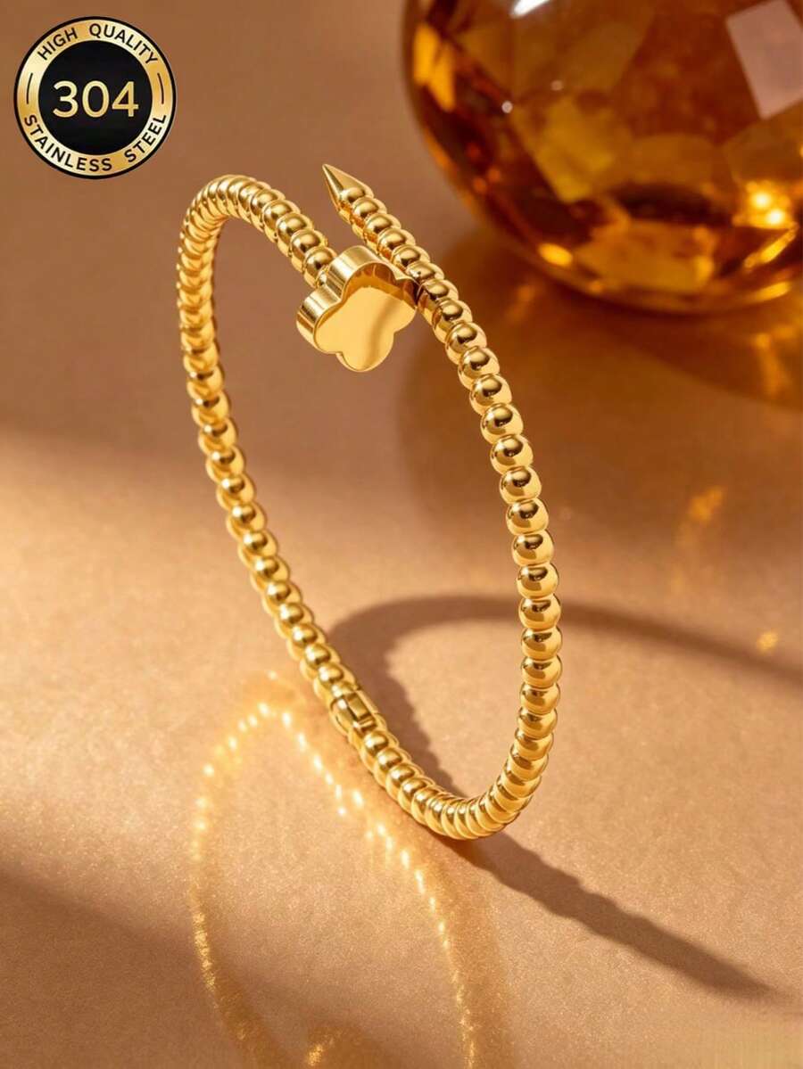 1pc Women's Luxury Clover Bead Open Bangle 18K Gold Plated Stainless Steel Niche High-End Bracelet Suitable For Holiday And Daily Wear