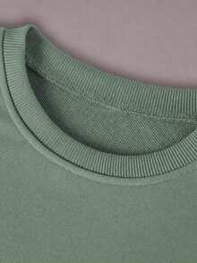 Minimalist Solid Color Sweatshirt For Men, 240g Pure Cotton Round Neck, Soft Long Sleeve Casual Daily Pullover - 綠色3 - 查看 4