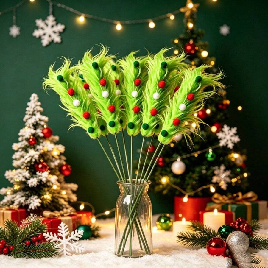 10pcs Long Furry Christmas Decorative Picks, Green Fur Bendable Holiday Decor - Multicolor - View 1