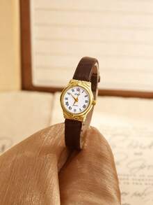 1pc Women's Quartz Watch, Fashionable Minimalist Classic Round Small Dial, Vintage British Style, Niche Luxury Fashion Quartz Watch, Suitable For Wearing On Holidays, Parties, Weddings, Back To School Season, Christmas, Thanksgiving, Halloween, Easter And Other Occasions, The Best Gift For Women - Brown - View 2