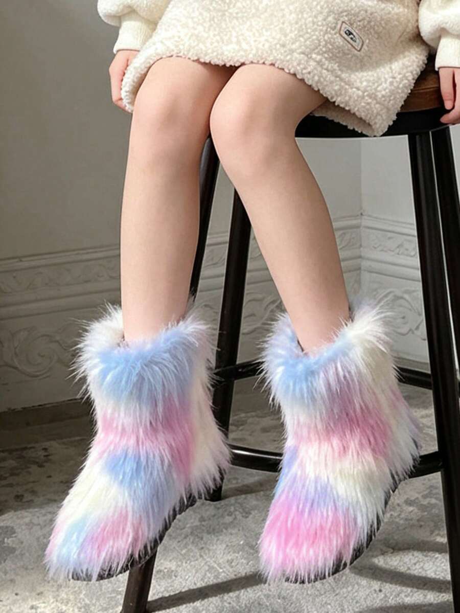 1 Pair Kids Gradient Striped Long Fur Plush Ankle Boots, Loose Cuff Style, Playful Outfit, Suitable For Holiday Atmosphere, Perfect For Winter Outings - Pink - View 1