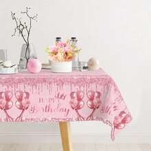 1pc Pink Rectangular Party Tablecloth, Plastic Material, With Crown Balloon Glitter Drip Print, Waterproof Oil-Proof Disposable, Suitable For Adult Theme Birthday, Anniversary, Small Gathering, Dinner Party Decoration, Create Exquisite Romantic Party Atmosphere - A - View 3