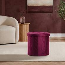 Round Velvet Folding Storage Pouffe Equipped With A Lid, Works As Multifunctional Ottoman For Home Use - Berry - View 6