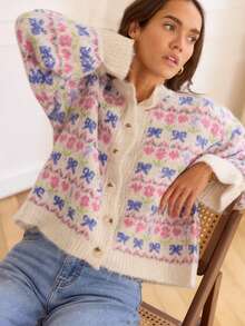 Women's Comfortable Plush Knit Cardigan, Pink Floral With Blue Bow Pattern, Long Sleeve Round Neck Button Front Sweater Top - Apricot - View 6