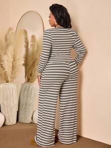 BIUBIU Plus Size Women's Home Set, Striped High Elasticity 2 Pieces Set, Round Neck Top With Wide Leg Pants, Fashion Button Detail - Apricot Brown - View 2