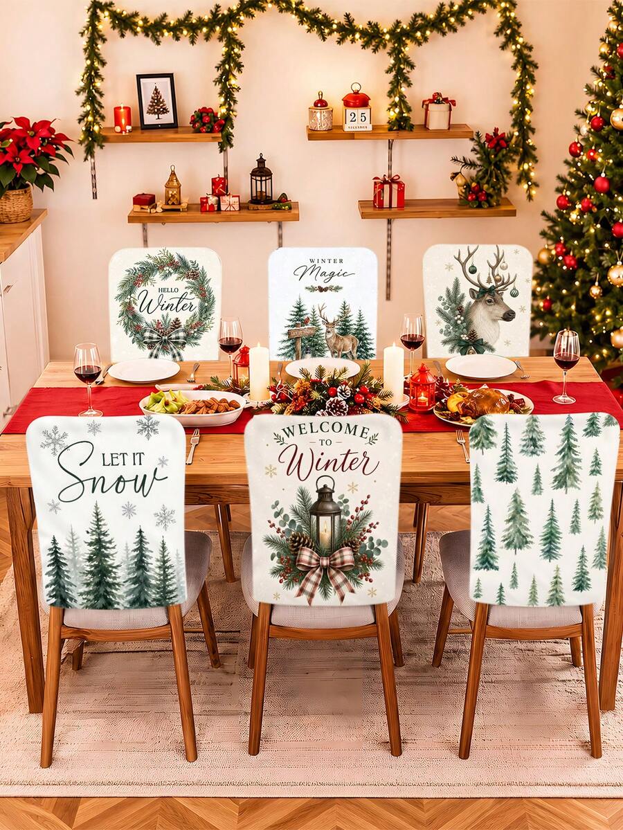 6Pcs Winter Christmas Chair Covers/Backrest Covers, Frost Pine Tree & Reindeer Pattern Dining Chair Covers, Suitable For Home, Hotel And Kitchen Winter Holiday Seat Protection - Multicolor - View 1