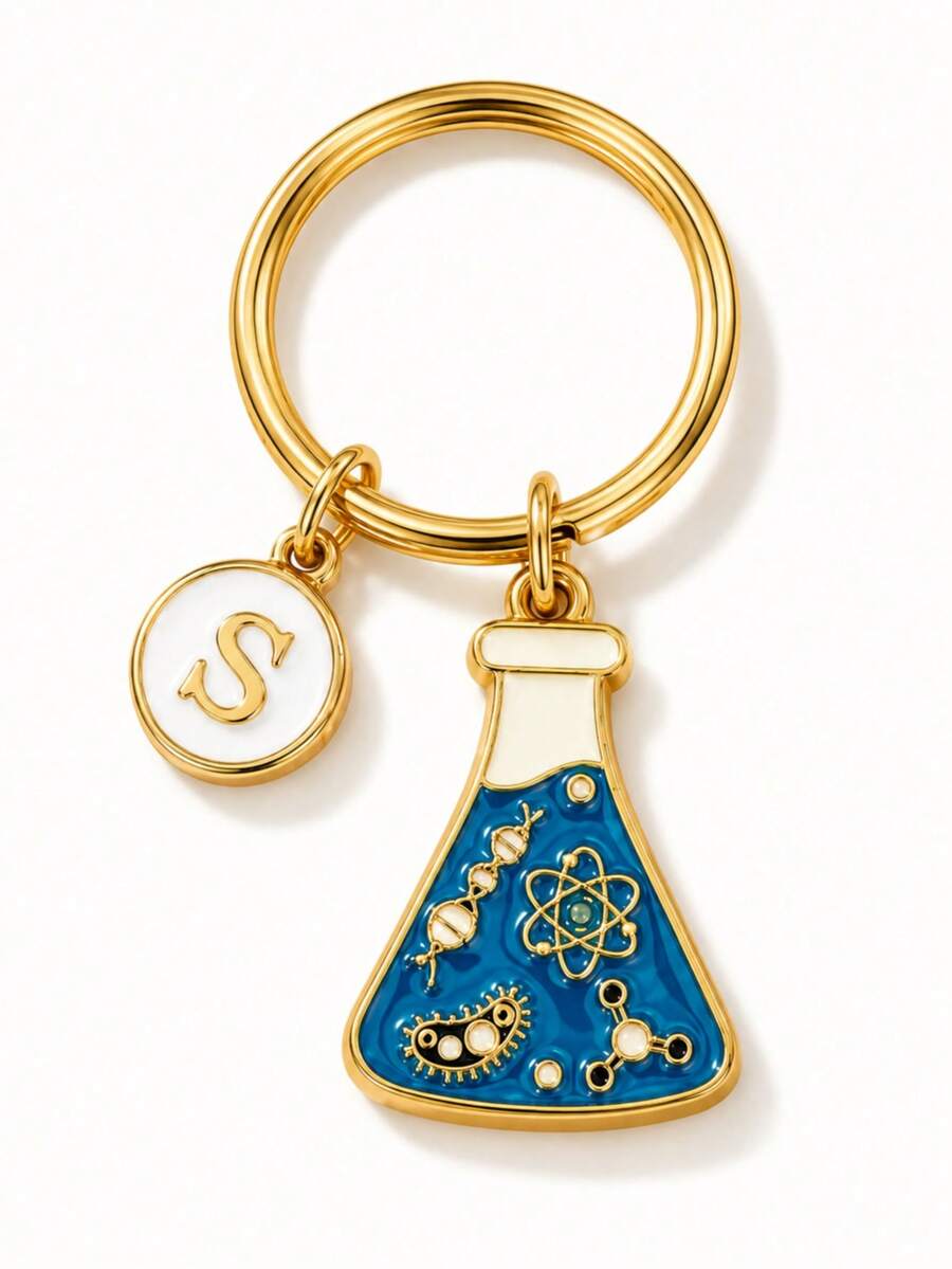 Creative Chemistry Flask Keychain With 26 Letter Charms, Graduation Season Student Souvenir Gift, Personalized Backpack Charm - Blue Beaker - View 1