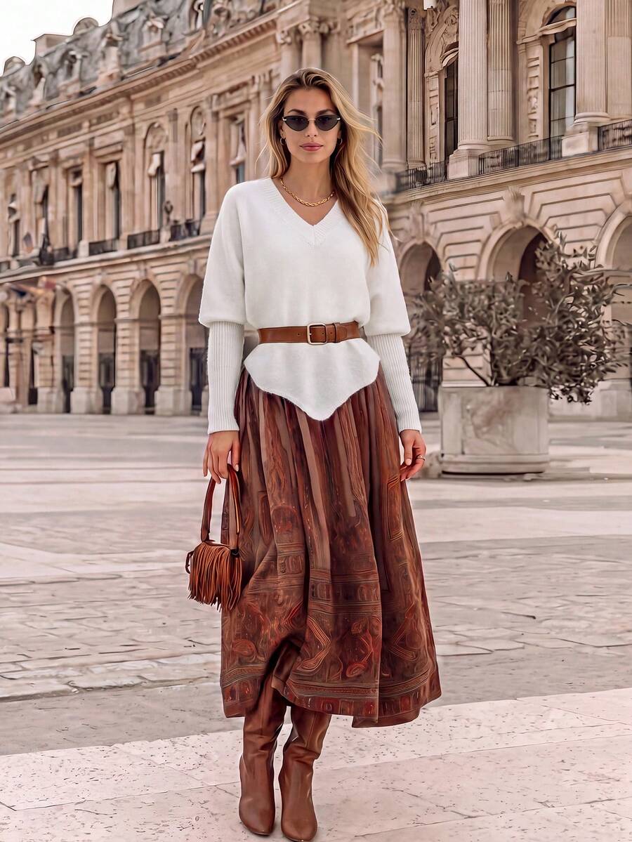NiceArt Women's Fall-Winter Casual Solid Fake Two Pieces V Neck Ribbed Long Sleeve Irregular Hem Loose Pullover Sweaters Tops Daily Fall Outfit - White - View 1