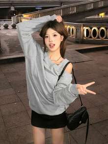 Loose Fit Niche Cold Shoulder Korean Style Sweatshirt - Grey - View 6