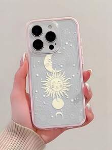 1件粉色邊框透明極簡鏡頭保護防摔防撞線條日月星圖案手機殼 個性化適用 16 Pro Max 17/16/15/14 Plus/13/12/11 保護殼 Air 亦適用三星系列 - 彩色 - 查看 2
