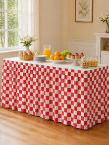 1pc Red & White Plaid Polyester Table Skirt, Farmhouse Style Rectangular Buffet Table Decor With Elastic Ruffle Edge, Suitable For Picnic, BBQ, Birthday Party, Wedding, Dessert Table And Holiday Decoration - Multicolor - View 3