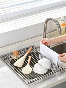 1Pc/2Pcs Foldable Metal Sink Drying Rack, Silicone Wrapped Edges To Prevent Scratches, Retractable Storage Draining Basket For Dishes, Fruits And Vegetables, Easy Installation, Suitable For Draining And Storage Above Kitchen Sink. - Random Color - View 9