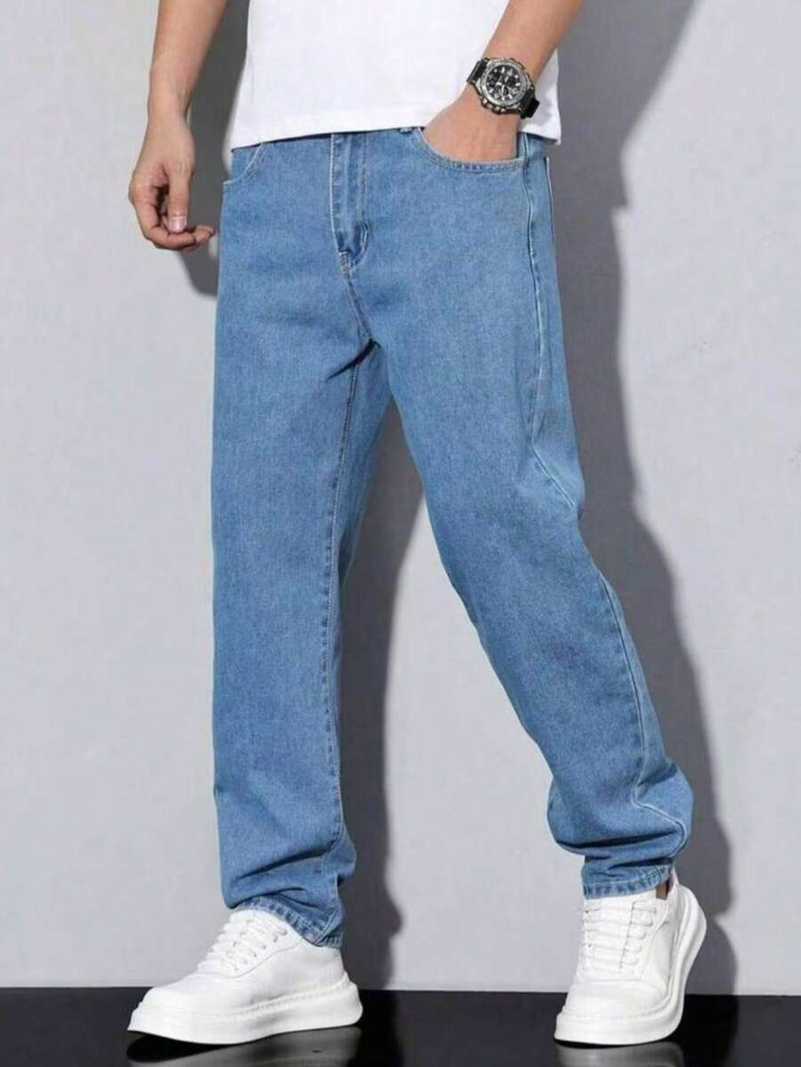 男童休閒口袋簡約四季款彈性腰牛仔長褲,日常休閒 - 藍色 - 查看 1