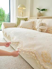 1pc French Vintage Floral Jacquard Sofa Cover, Chenille Lace Ruffle Tassel Edge Non-Slip Sofa Pad Protector, All Season Living Room Decor Sofa Slipcover - Beige - View 5