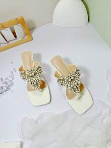 Beautiful Women's Wedge Sandals With Pearl Design Decor, Fairy Wedding Party Gathering - White - View 2