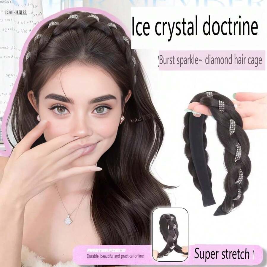 Wig Headband With Rhinestones And Pearls, Fishbone Braided Hair Accessory To Cover Hair Part And Add Volume - Black - View 1
