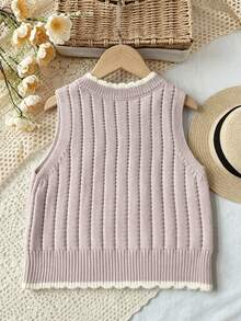 WUHUANG YIYI Baby Girls Cute Sweet Style Solid Color Striped Cartoon Unicorn Lace Applique Decor Sweater Vest Versatile Soft Spring Autumn - Mauve Purple - View 2