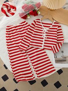 Girls' Casual Fashion Striped Bow Design V-Neck Cardigan Long Sleeve Top And Straight Leg Striped Pants 2-Piece Set, Spring/Autumn - Red - View 1