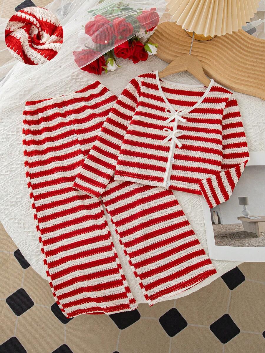 Girls' Casual Fashion Striped Bow Design V-Neck Cardigan Long Sleeve Top And Straight Leg Striped Pants 2-Piece Set, Spring/Autumn - Red - View 1