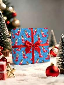 1 Roll Of Christmas Gift Wrapping Paper Featuring Christmas Dog And Stocking Patterns;Perfect For Christmas Gift Wrapping,Holiday Party Decor,Home Festive Decoration,DIY Craft,Festive Favour Wrapping Dimensions: 43 Cm X 300 Cm. - A - View 2