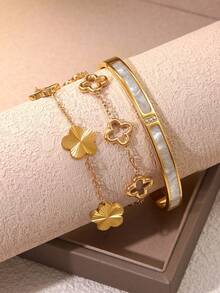 VceTd 1 Set Elegant Style Stainless Steel Women's Jewelry Set With Four-Leaf Clover Element, Suitable For Fashionable Wear - Yellow Gold - View 1
