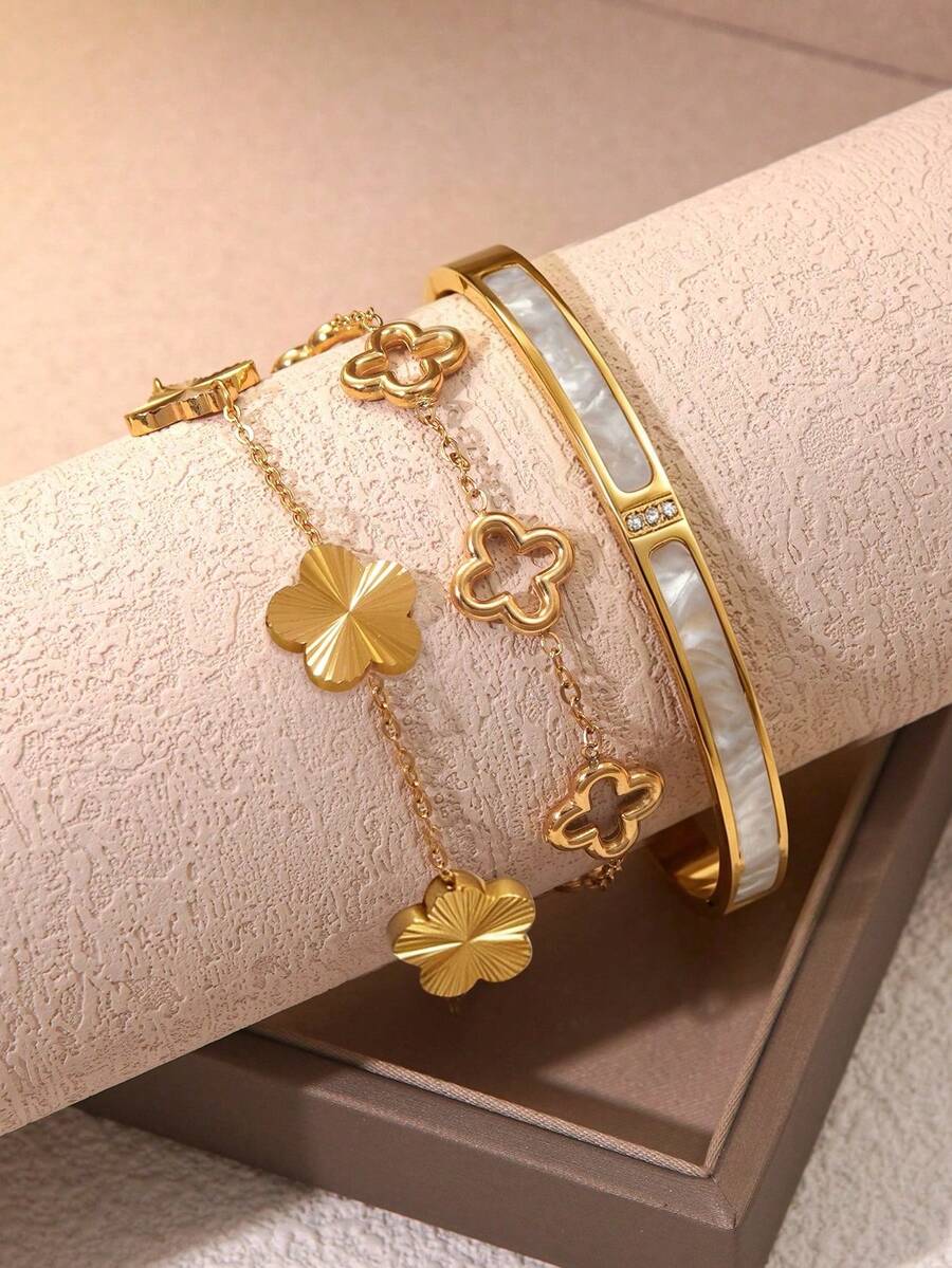 VceTd 1 Set Elegant Style Stainless Steel Women's Jewelry Set With Four-Leaf Clover Element, Suitable For Fashionable Wear - Yellow Gold - View 1