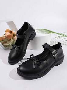 Women's Bow Mary Jane Shoes, Single Strap Buckle Low Chunky Heel, Preppy Vintage Shoes - Black - View 14