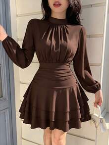 abyoxi Women's Brown Stand Collar Ruched Long Sleeve Fitted Mini Dress, Back Elastic Waist A-Line With Multi-Layer Ruffle Design, Elegant, Vintage, Romantic, Suitable For Date, Party, Going Out And Daily Commute, Autumn/Winter Short Dress - Brown - View 7