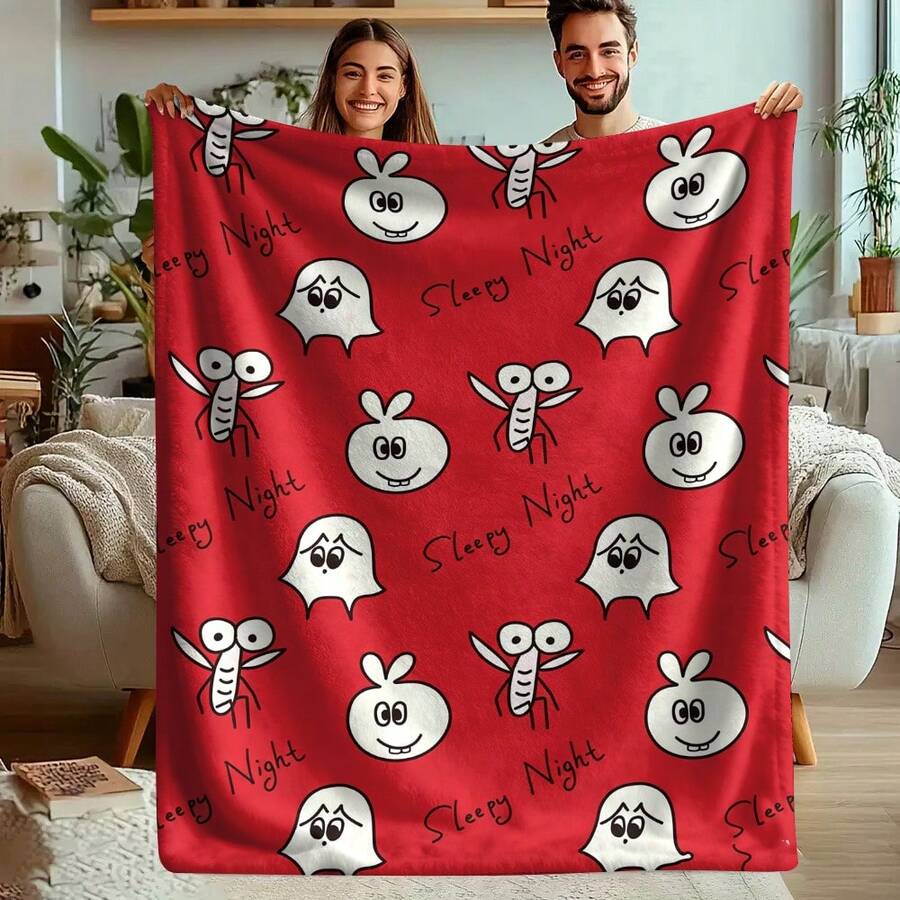 1pc Cute Cartoon Ghost Mosquito Seamless Flannel Throw Blanket, Red Background Sleepy Night Pattern, Soft Comfortable Sofa Bed Bedroom Home Decor Blanket, Size 60.80in - Multicolor - View 1
