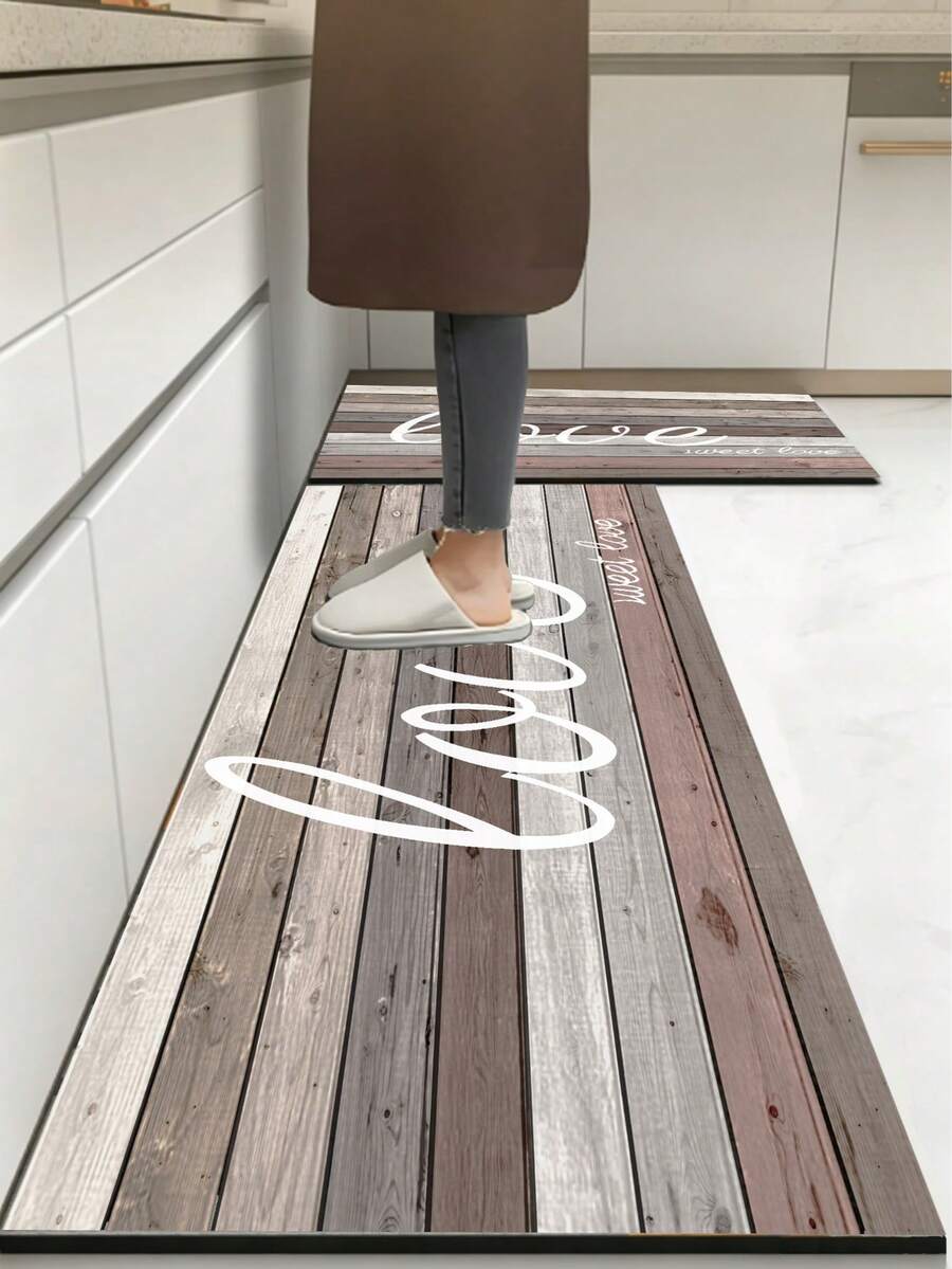 1pc American Vintage Wood Grain English Print Kitchen Rug, 3.5mm, Sponge Cushioning Shock Absorption, Rubber Backing Dirt-Resistant Easy To Clean, Suitable For Kitchen, Bathroom, Entryway, Laundry Room - Multicolor - View 1