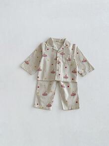 Miniweenns 2pcs/Set Unisex Baby Striped Base Long Sleeve Outfit, Collar + Buttons + Pockets, Circus Star Print - Khaki - View 17