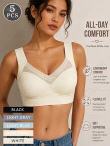 5pcs, EssElegance, Bra, Wireless, Comfortable, Push-Up, High Elasticity, Breathable - Multicolor - View 1