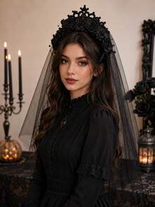 1pc Gothic Crown Veil Headband, Artificial Rose Flower Headband, Dark Vampire Cosplay Hair Accessory, Suitable For Halloween, Christmas Costume Party, Formal Ball (17*56cm/6.69*22.05in) - Crown Veil - View 5