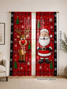 2Pcs Cartoon Santa Claus & Red Nose Reindeer Curtains, Red Plaid Winter Print Pattern, Holiday Window Decor, Semi-Sheer Rod Pocket Curtains, Suitable For Living Room And Bedroom, Rod Not Included, Living Room Christmas Curtains - Cartoon - View 12