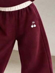 Young Girl Cherry Print White Collar Pullover Warm Sweatshirt And Pants Set - Burgundy - View 4