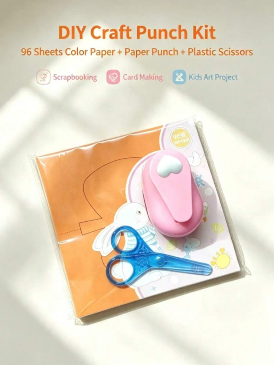 Set Of 96 Sheets Of Colored Paper And Embossing Tools (Including A Paper Punch And Plastic Scissors)-DIY Scrapbooking And Card-Making Supplies Suitable For Art Projects, Journal Decoration, And Party Crafts.